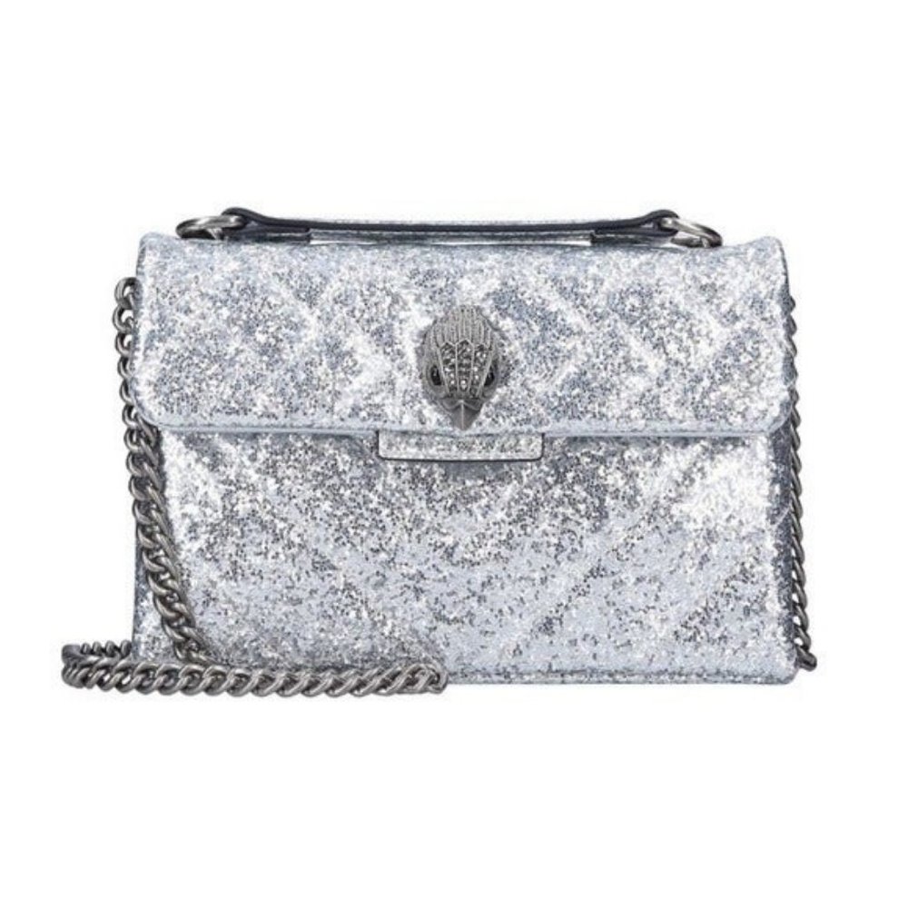 Kurt Geiger Kensington Quilted Silver Glitter Shoulder Crossbody w Chain Bag NEW